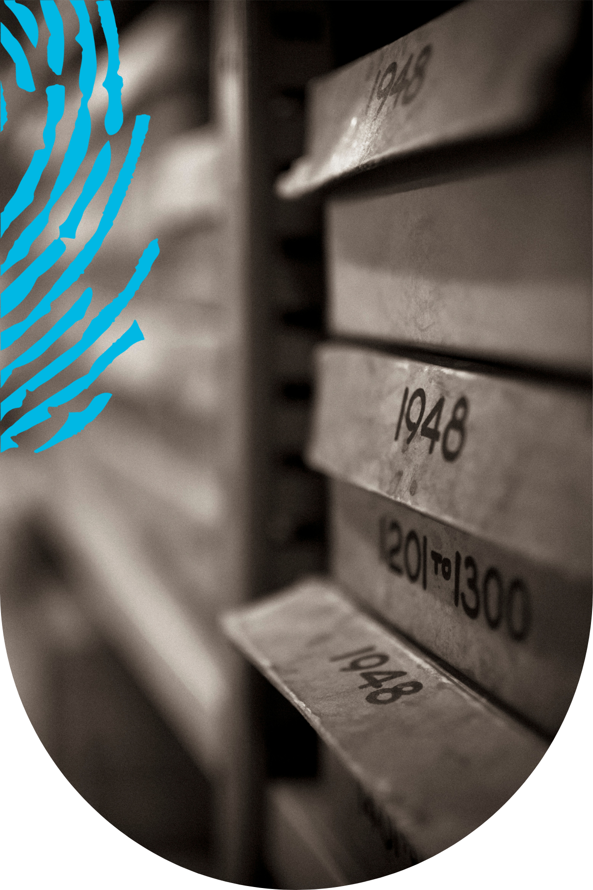 Archival shelves with labelled boxes, including one marked “1948,” photographed in sepia tones with a blue fingerprint graphic overlay.